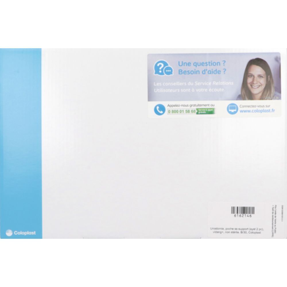 Emballage blanc et bleu. Logo Coloplast. Texte : "Une question ? Besoin d'aide ?" et coordonnées de contact.