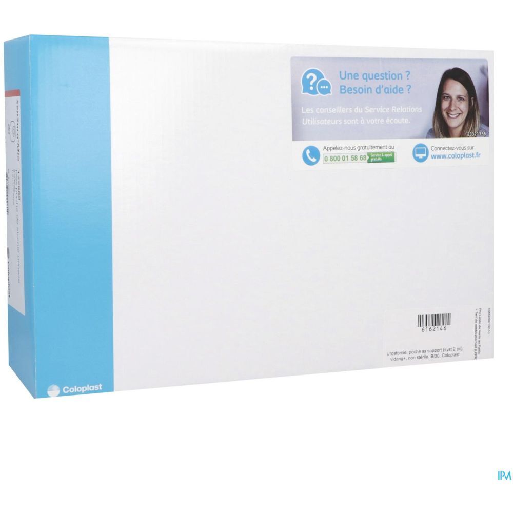 Emballage blanc et bleu. Logo Coloplast. Texte : "Une question ? Besoin d'aide ?" et coordonnées de contact. Vue en perspective.
