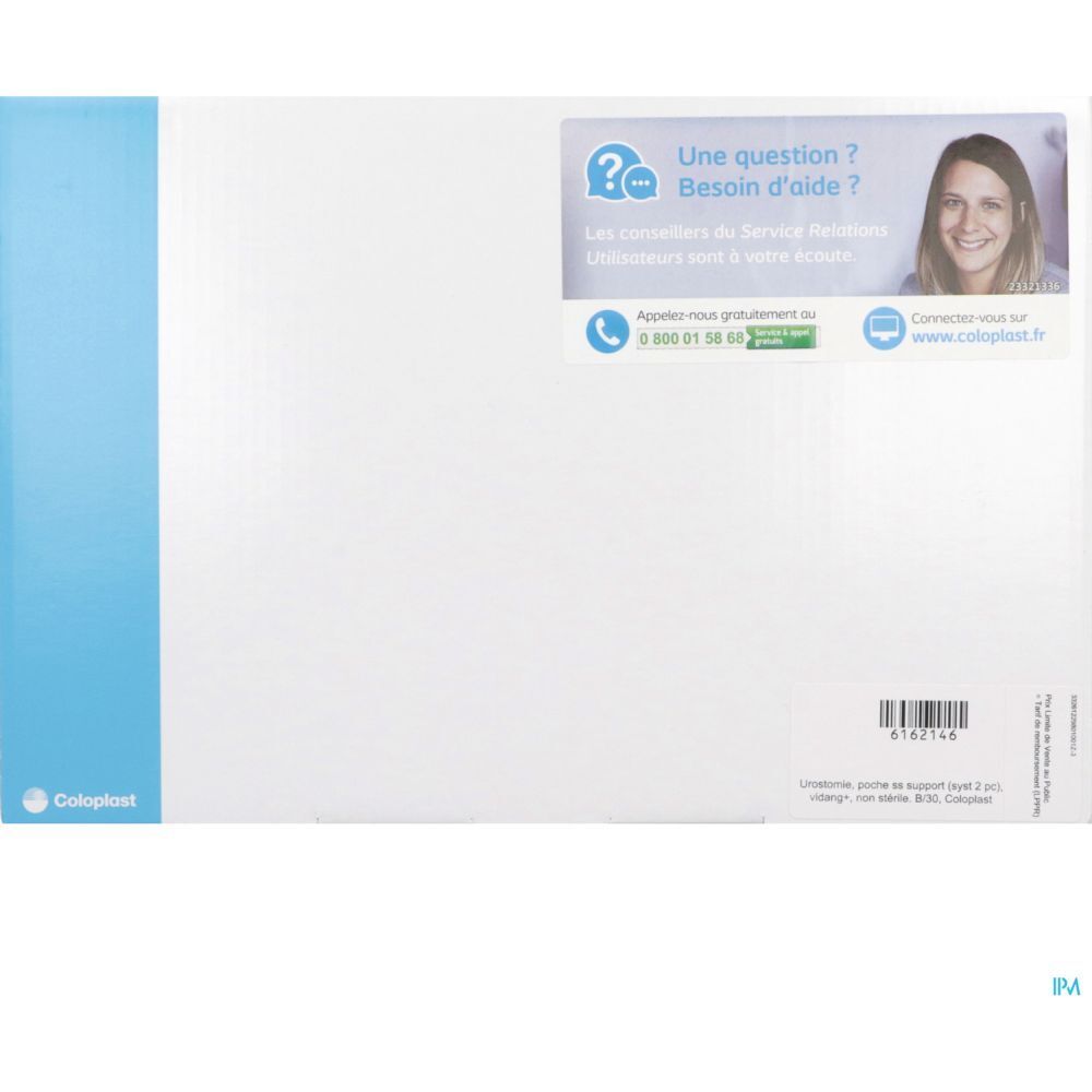 Emballage blanc et bleu. Logo Coloplast. Texte : "Une question ? Besoin d'aide ?" et coordonnées de contact.