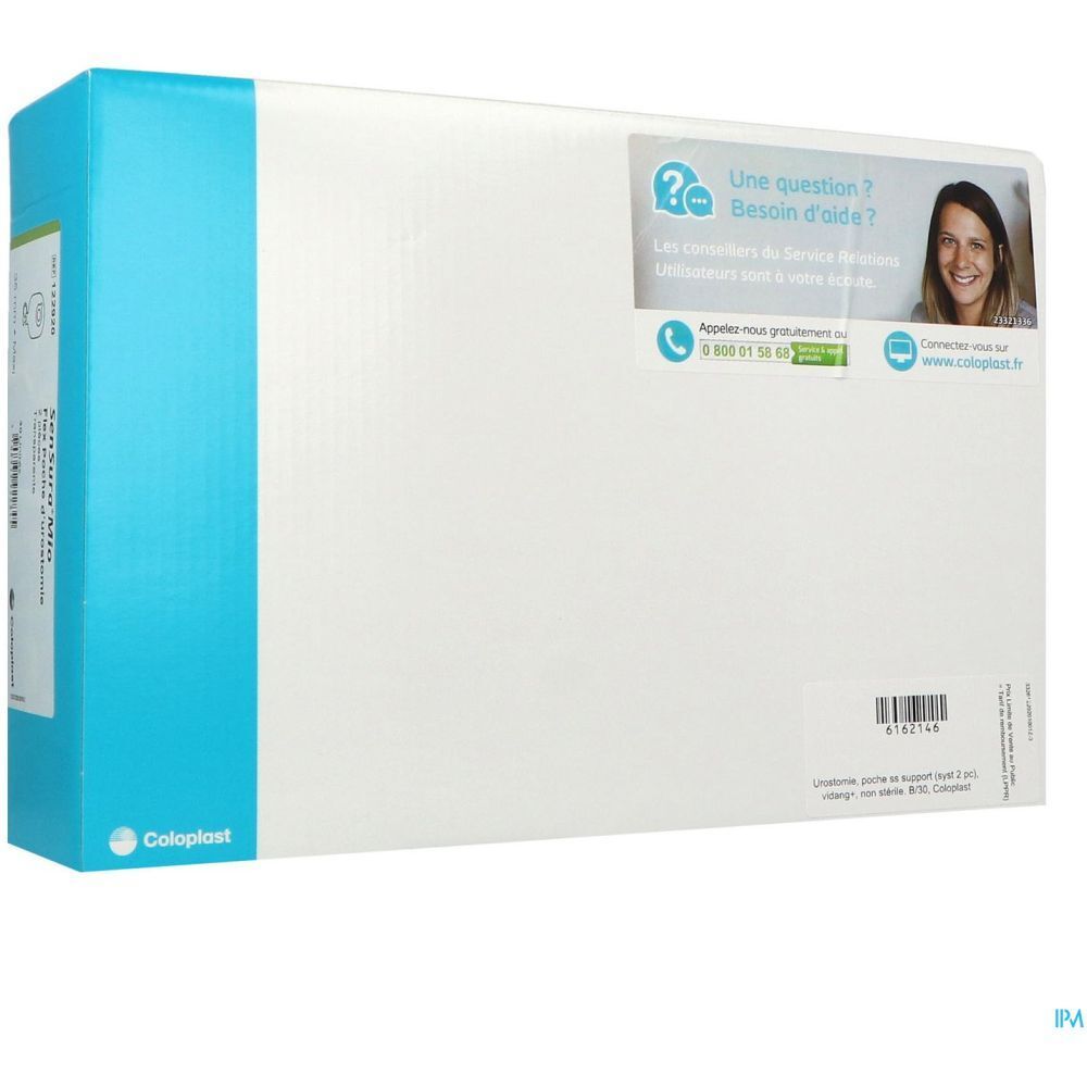 Emballage blanc et bleu. Logo Coloplast en bas à gauche. Texte et coordonnées en haut. Code-barres en bas à droite.