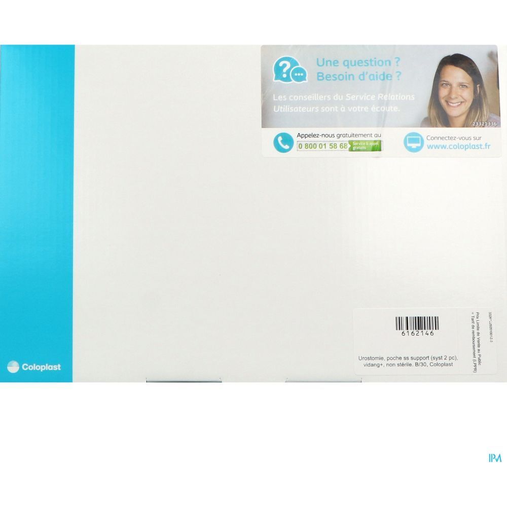 Emballage blanc et bleu. Logo Coloplast en bas à gauche. Texte et coordonnées en haut. Code-barres en bas à droite.