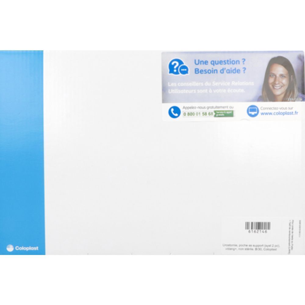 Emballage en carton. Emballage bleu et blanc avec texte et logo. Autocollant avec informations de contact.