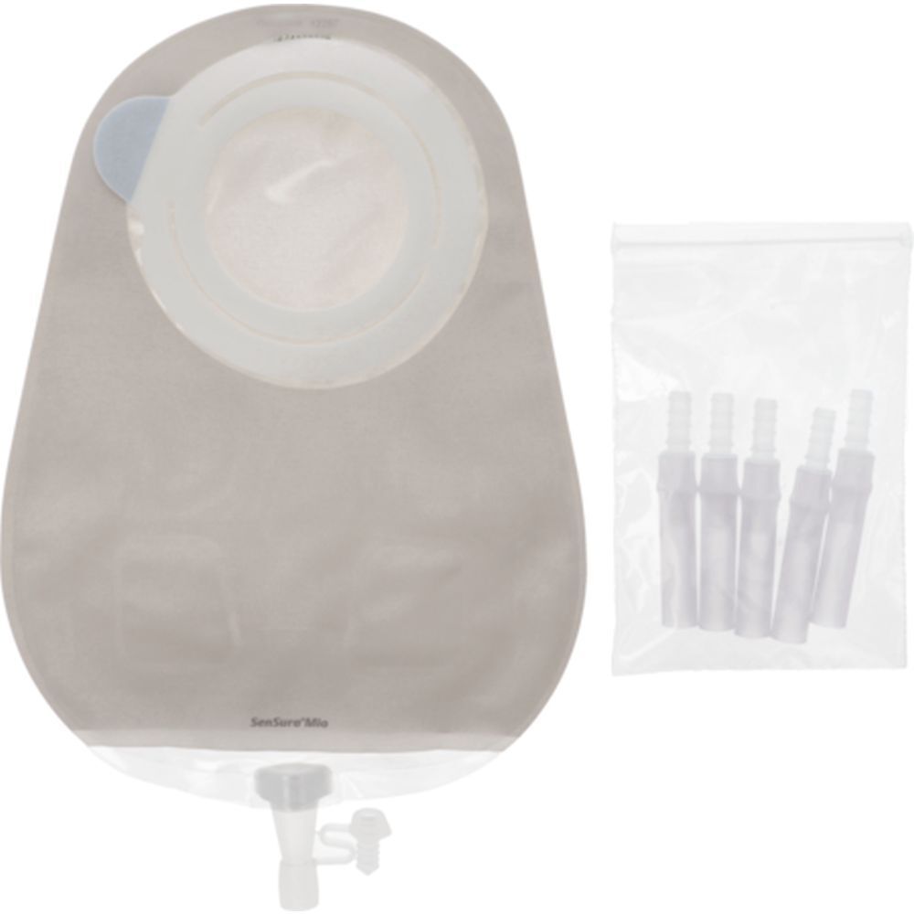 Poche avec orifice de vidange et accessoires. Poche grise avec anneau blanc. Accessoires en sachet plastique.