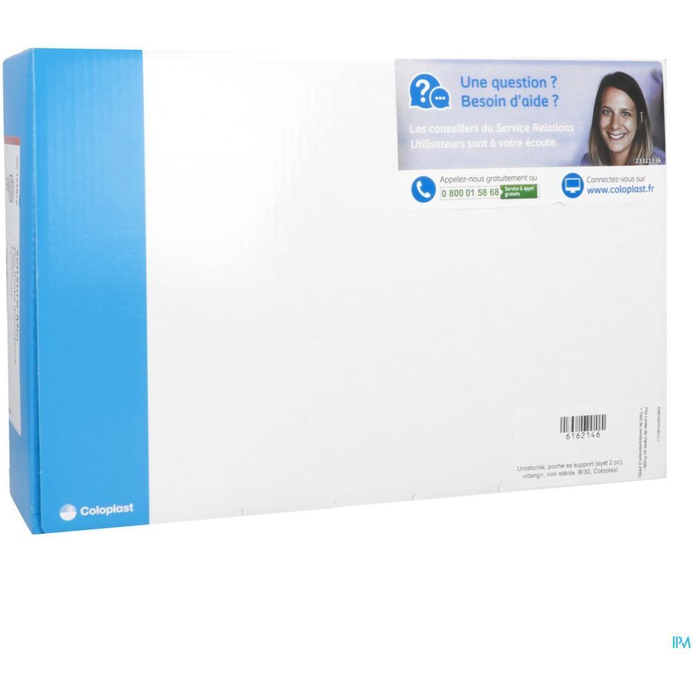 Emballage en carton. Emballage bleu et blanc avec texte et logo. Autocollant avec informations de contact.