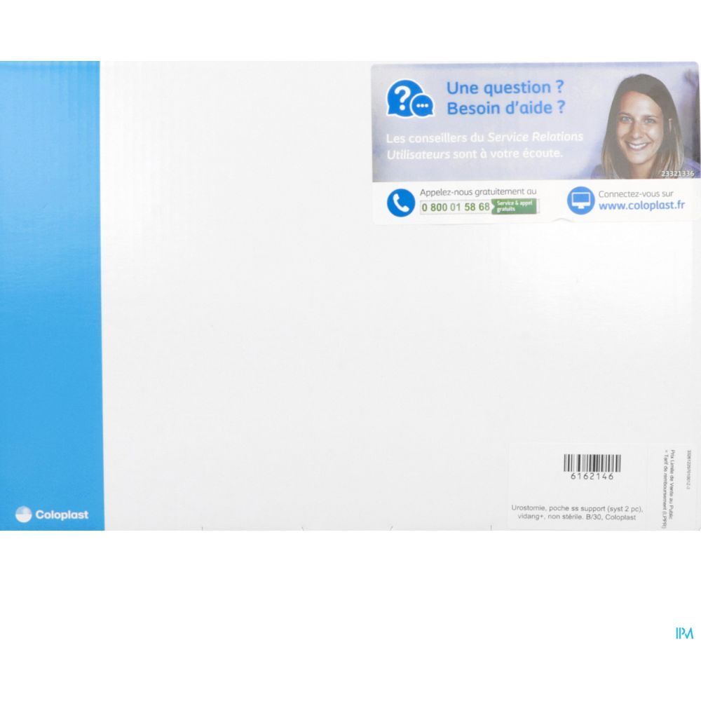 Emballage en carton. Emballage bleu et blanc avec texte et logo. Autocollant avec informations de contact.