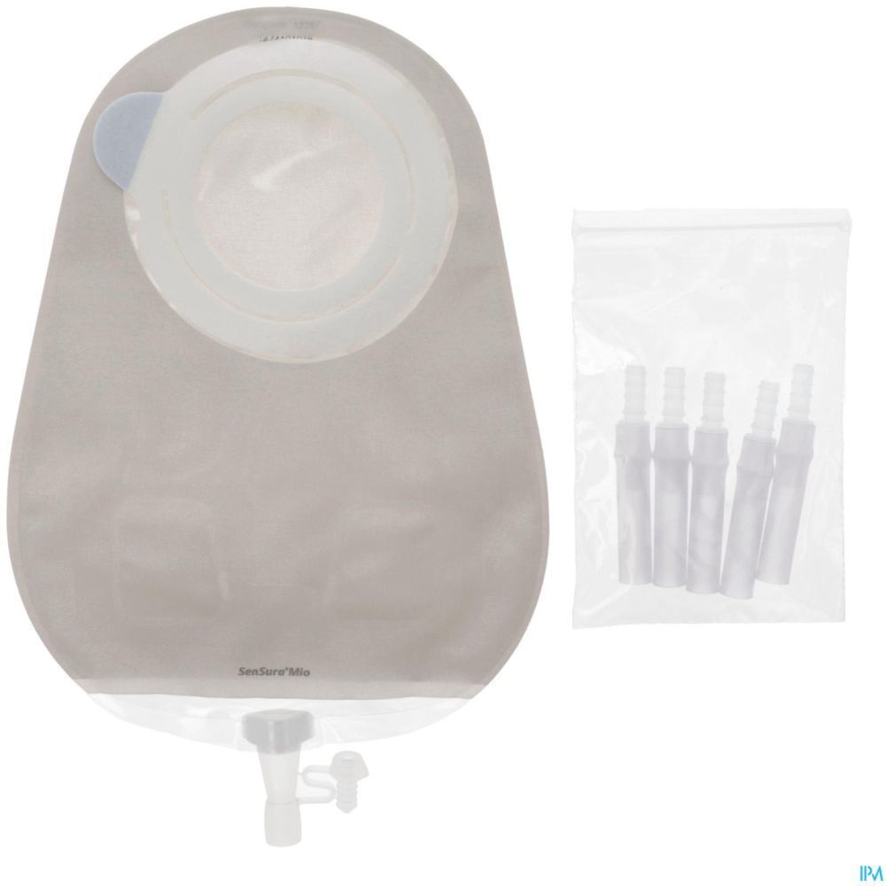 Poche avec orifice de vidange et accessoires. Poche grise avec anneau blanc. Accessoires en sachet plastique.