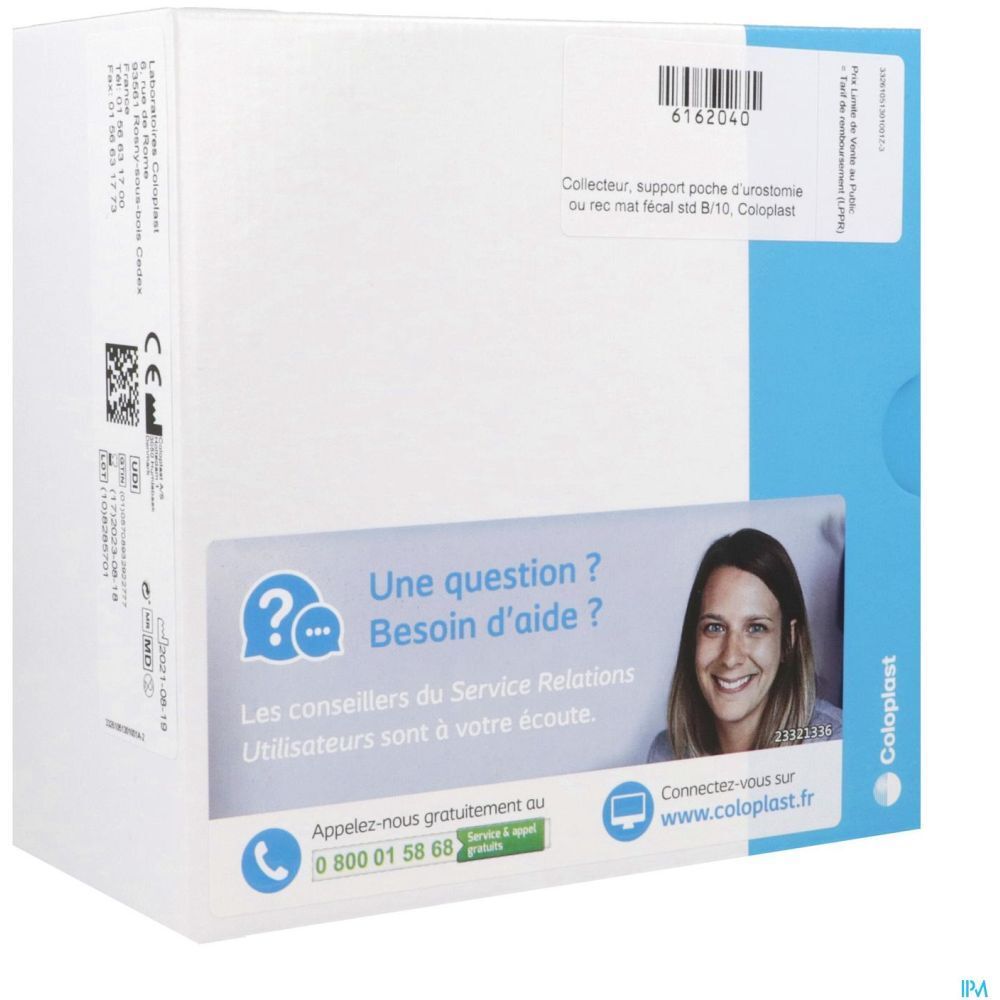 Emballage produit avec informations et contact. Logo Coloplast visible. Texte en français.