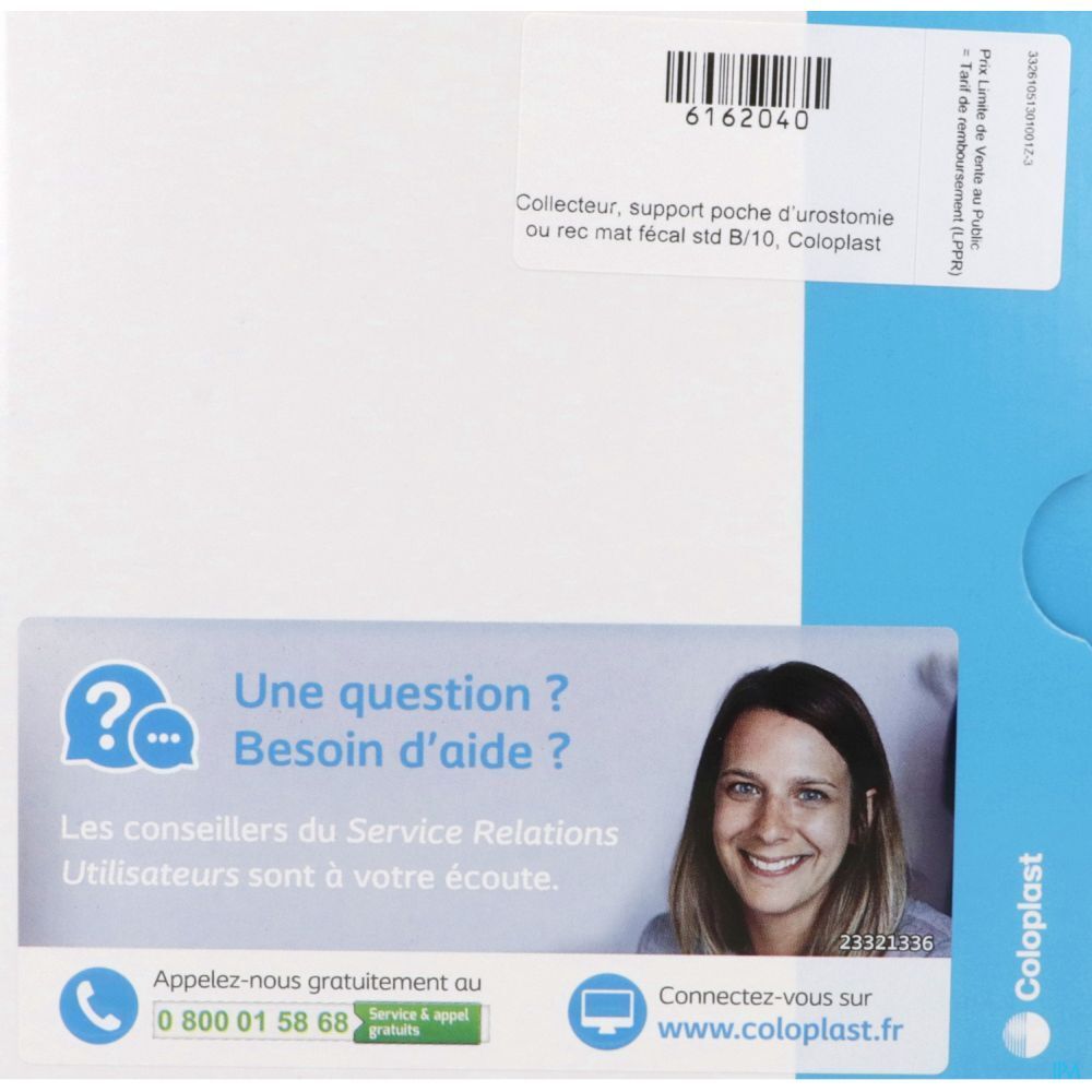Emballage avec informations produit et contact. Logo Coloplast visible. Texte en français.