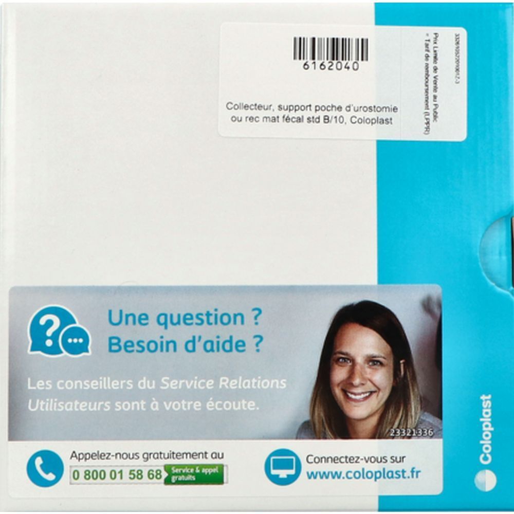 Emballage avec texte et code-barres. Texte: Collector, support poche d'urostomie ou rec mat fécal std B/10, Coloplast. Section questions et aide.