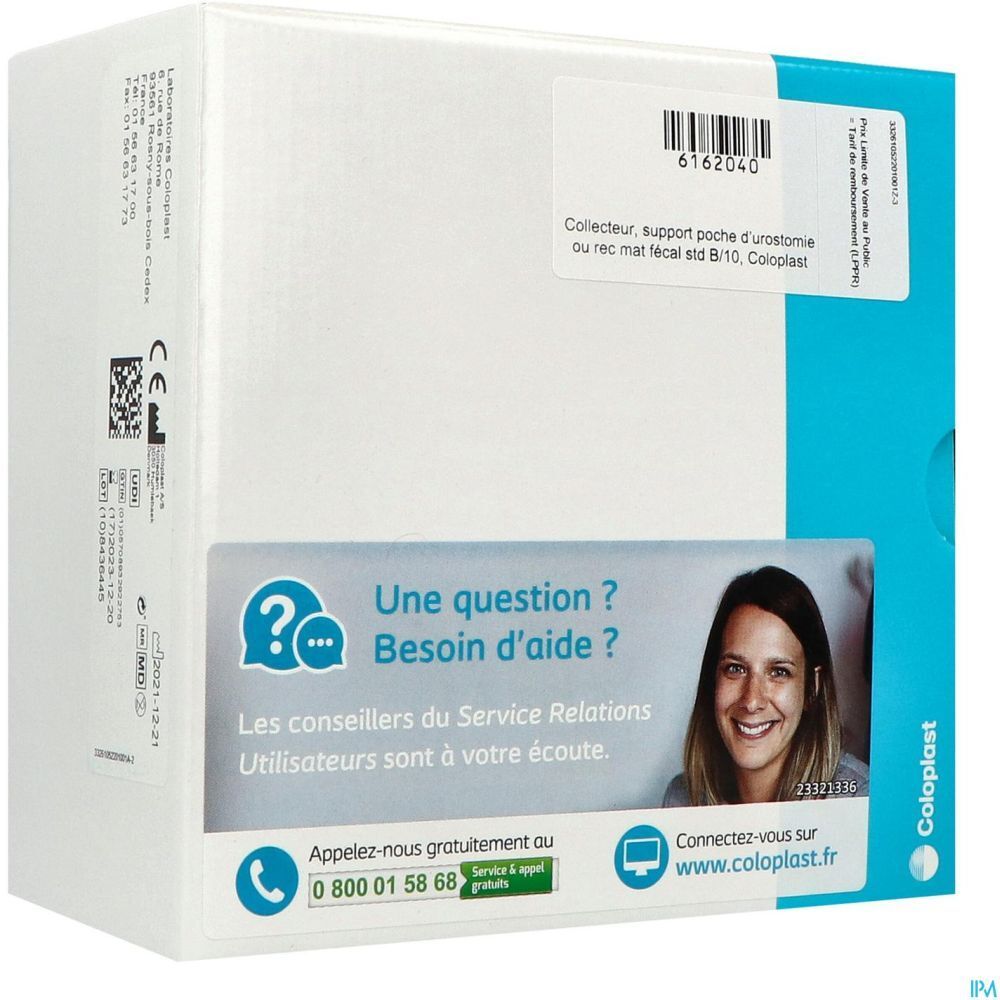 Emballage partiellement visible. Texte et code-barres. Texte: Collector, support poche d'urostomie ou rec mat fécal std B/10, Coloplast. Section questions et aide.