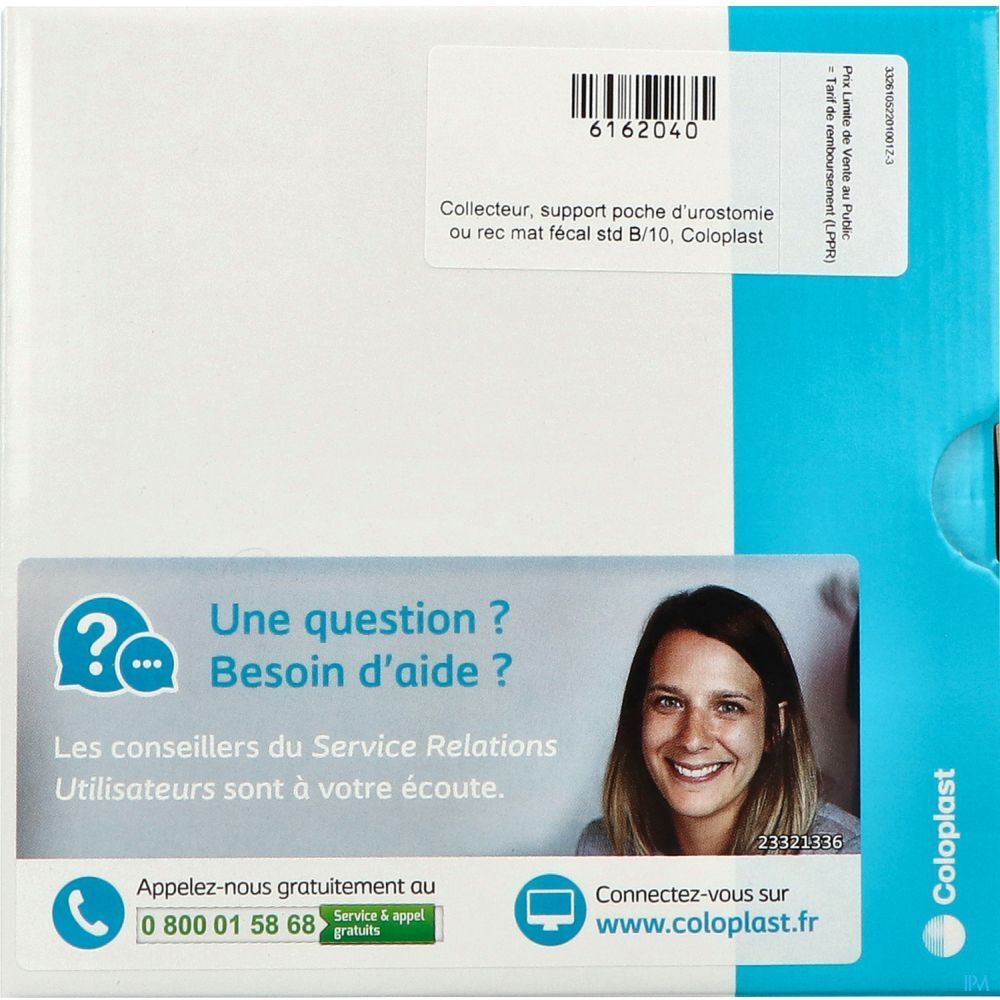 Emballage avec texte et code-barres. Texte: Collector, support poche d'urostomie ou rec mat fécal std B/10, Coloplast. Section questions et aide.
