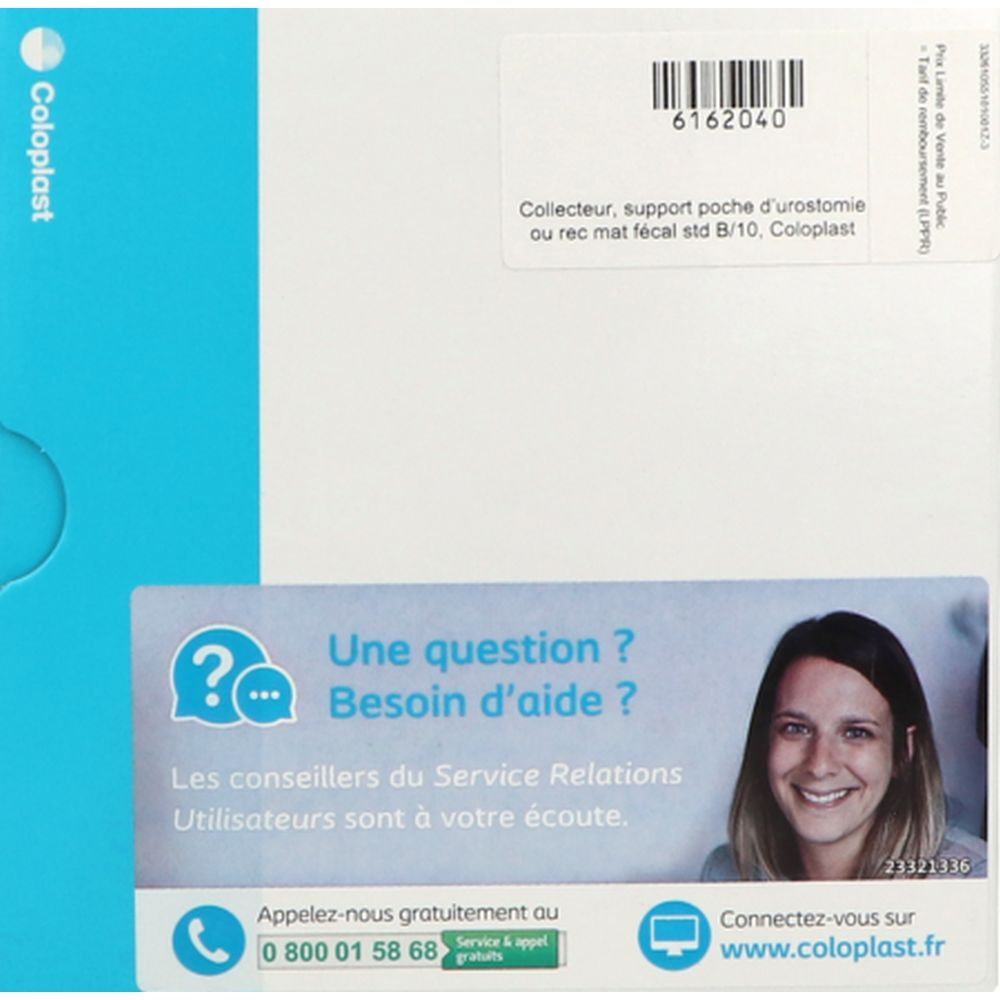 Emballage blanc et bleu avec informations produit et contact. Inscriptions : Coloplast, code-barres, texte en français.