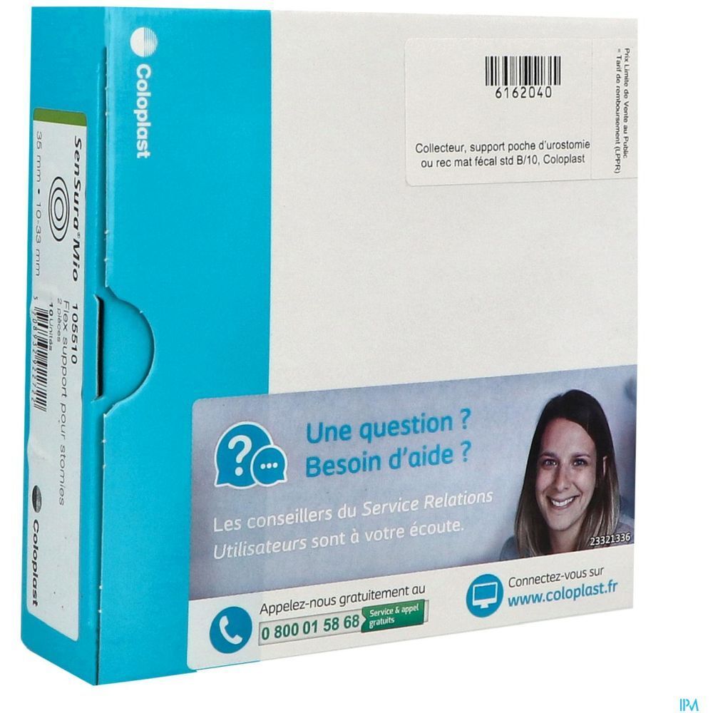Emballage avec informations produit et contact. Inscriptions : Coloplast, Sensuro Mio, code-barres, texte en français.
