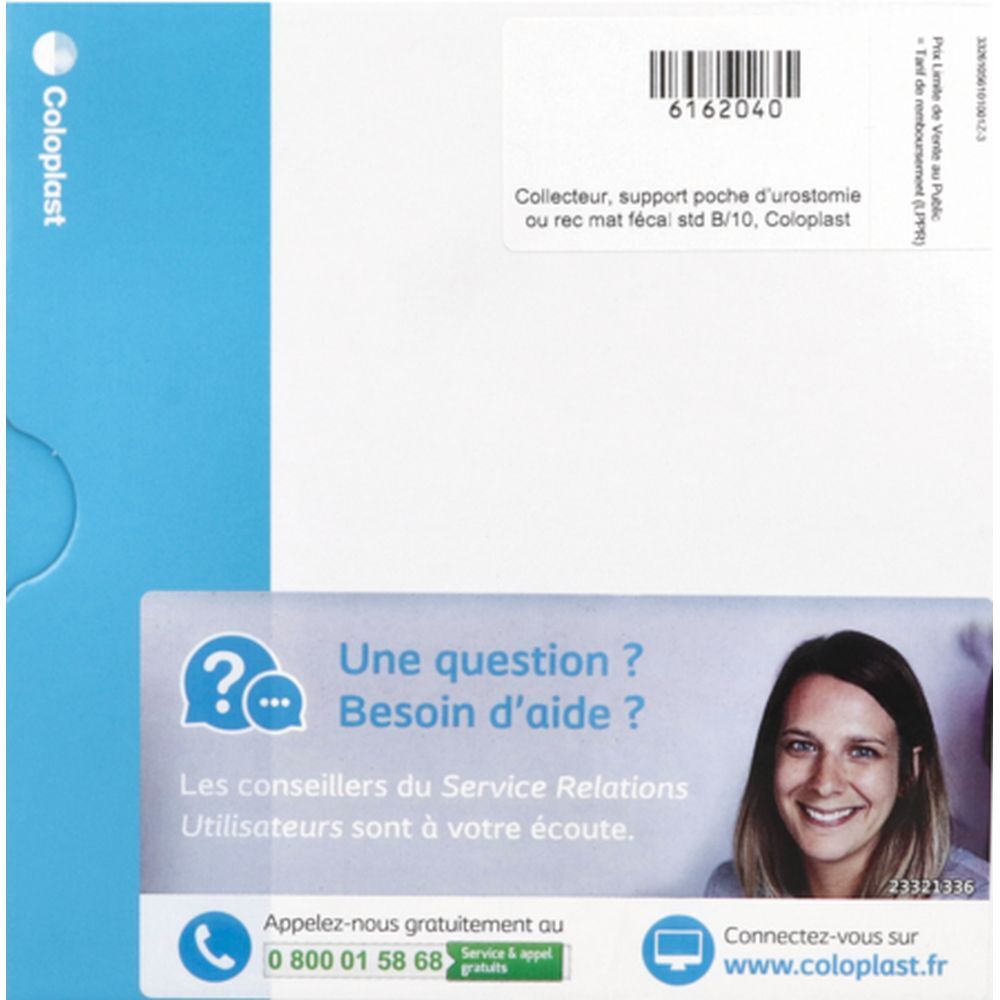 Emballage avec texte et logo. Texte: Coloplast, 6162040, Collector, support poche urostomie ou rec mat fécal std B/10, Coloplast.