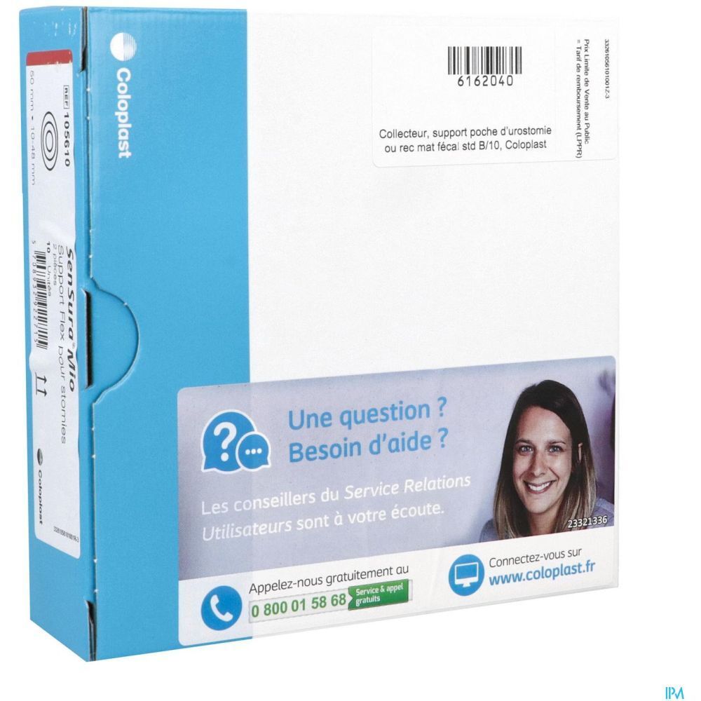 Emballage avec texte et logo. Texte: Coloplast, Sensura Mio, 11. Une femme est représentée sur l'emballage.