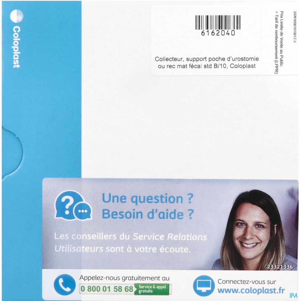 Emballage avec texte et logo. Texte: Coloplast, 6162040, Collector, support poche urostomie ou rec mat fécal std B/10, Coloplast.