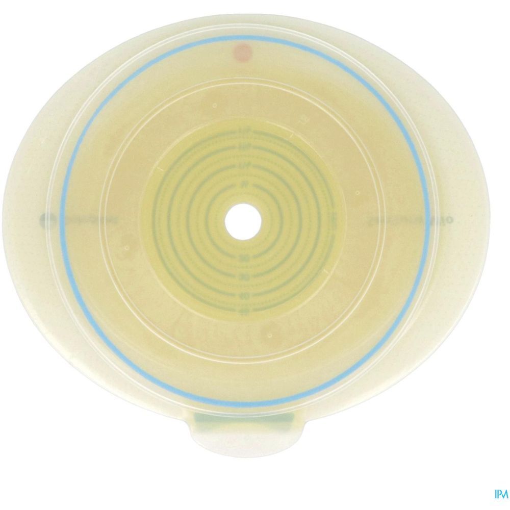 Base circulaire crème avec anneau bleu et trou central. Échelle imprimée.