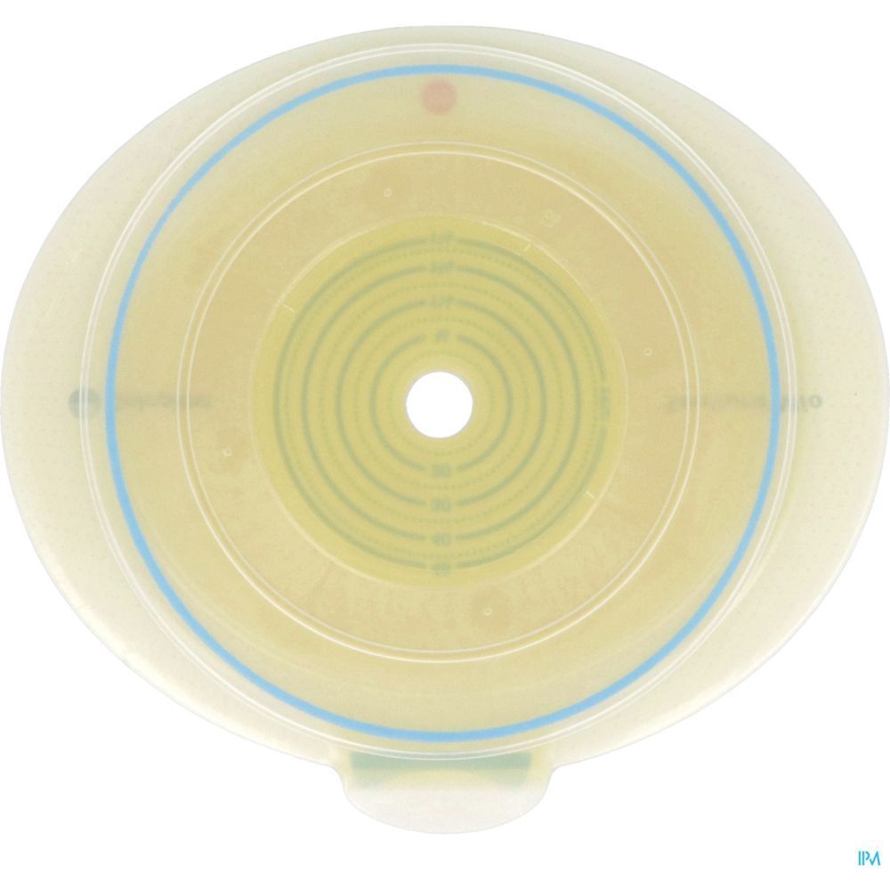 Base circulaire crème avec anneau bleu et trou central. Échelle imprimée.