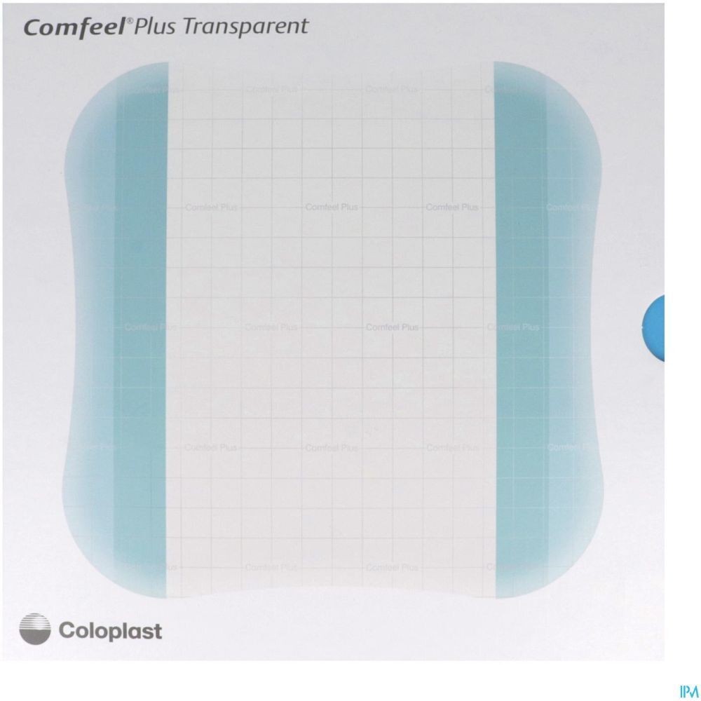 Pansement hydrocolloïde transparent. Forme carrée aux coins arrondis. Marque Coloplast. Inscription: Comfeel Plus Transparent.