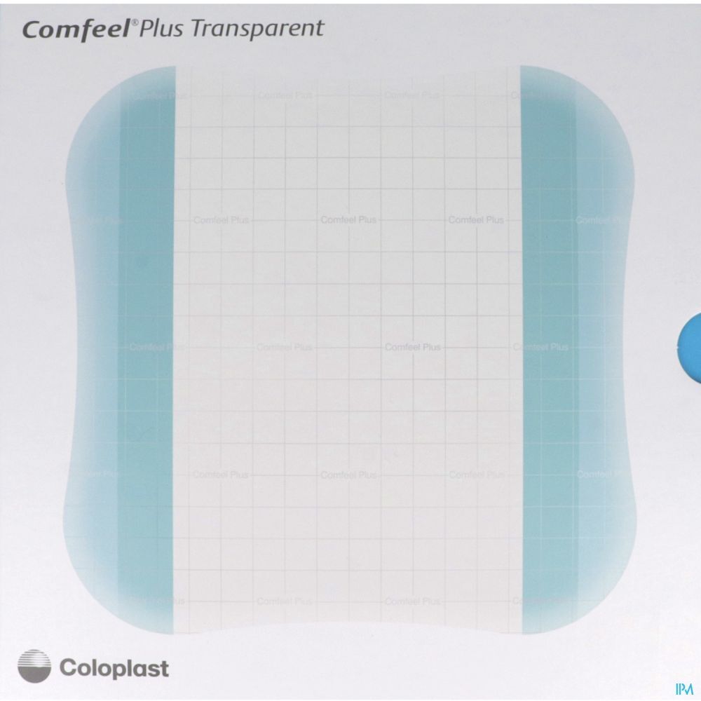Pansement hydrocolloïde transparent. Forme carrée aux coins arrondis. Marque Coloplast. Inscription: Comfeel Plus Transparent.