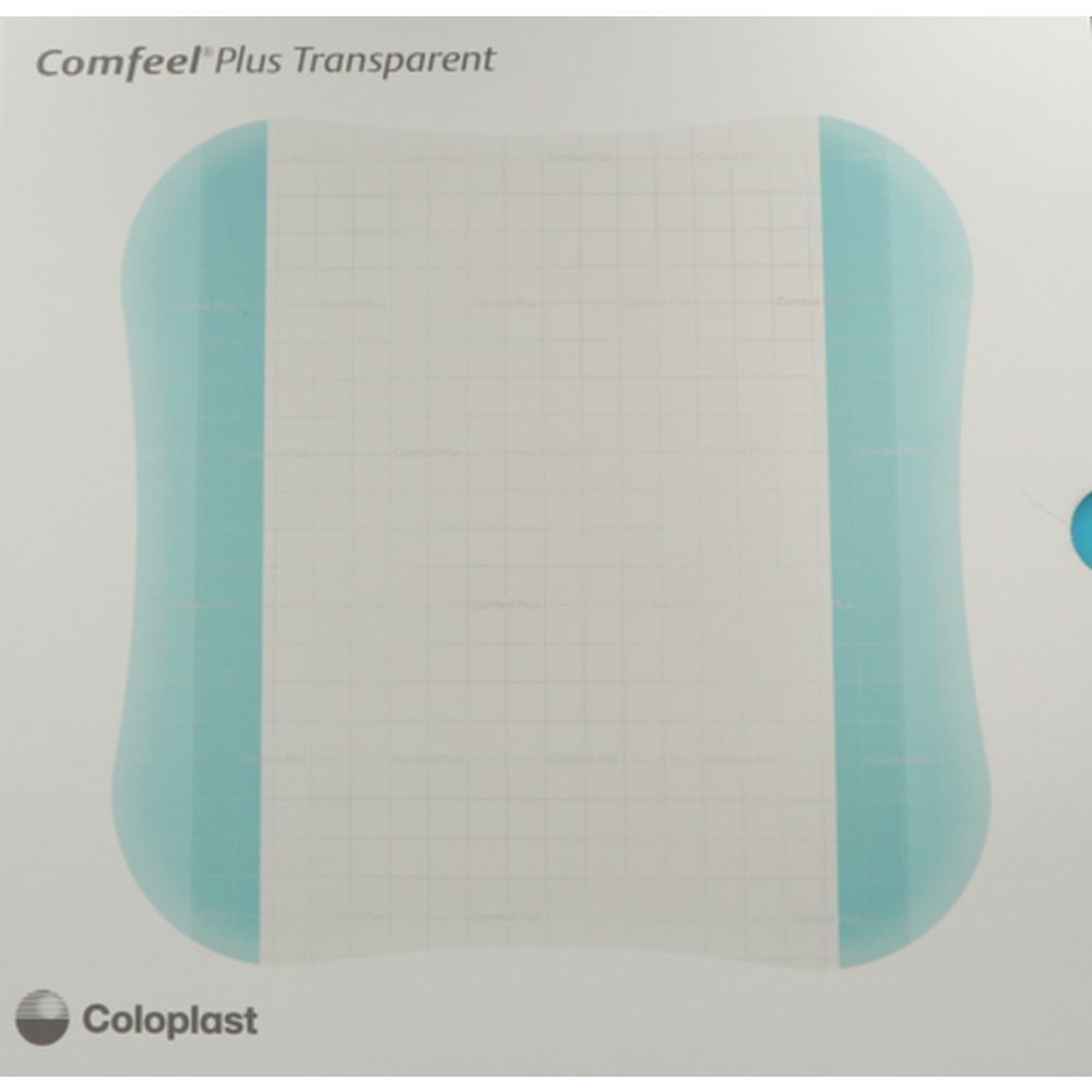 Pansement hydrocolloïde transparent. Forme carrée, bord bleu clair. Marque Coloplast. Sur fond blanc.