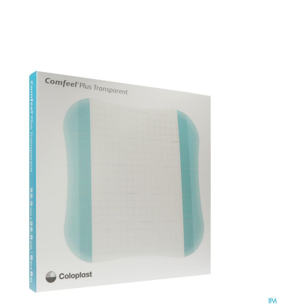Emballage de pansement hydrocolloïde transparent. Marque Coloplast. Inscription: Comfeel Plus Transparent. Forme carrée.