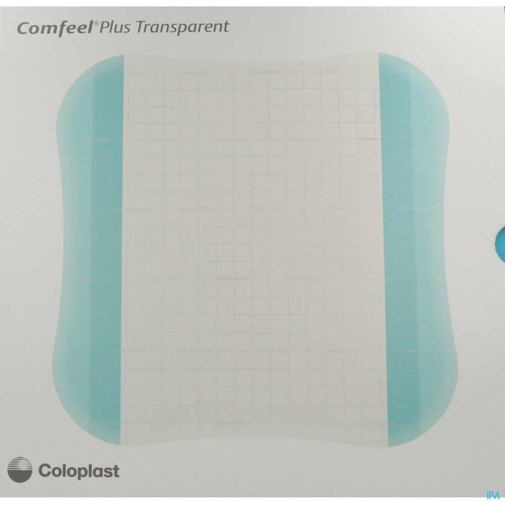 Pansement hydrocolloïde transparent. Forme carrée, bord bleu clair. Marque Coloplast. Sur fond blanc.