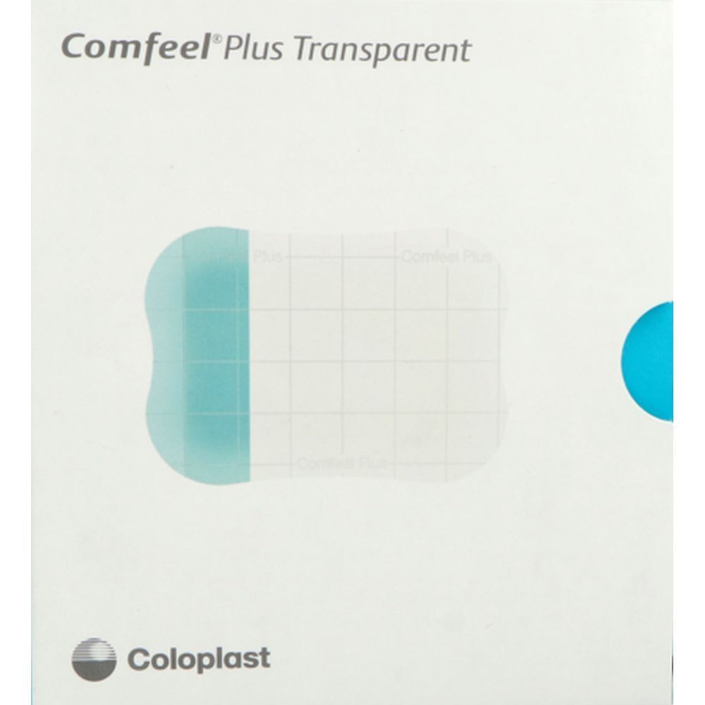 Emballage de pansements hydrocolloïdes transparents. Marque : Coloplast. Nom du produit : Comfeel Plus Transparent.