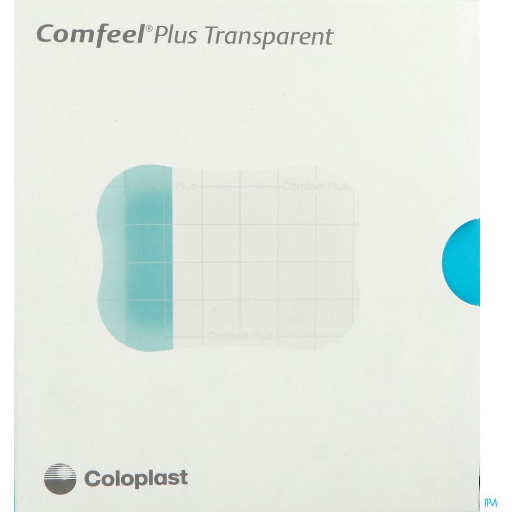 Emballage de pansements hydrocolloïdes transparents. Marque : Coloplast. Nom du produit : Comfeel Plus Transparent.
