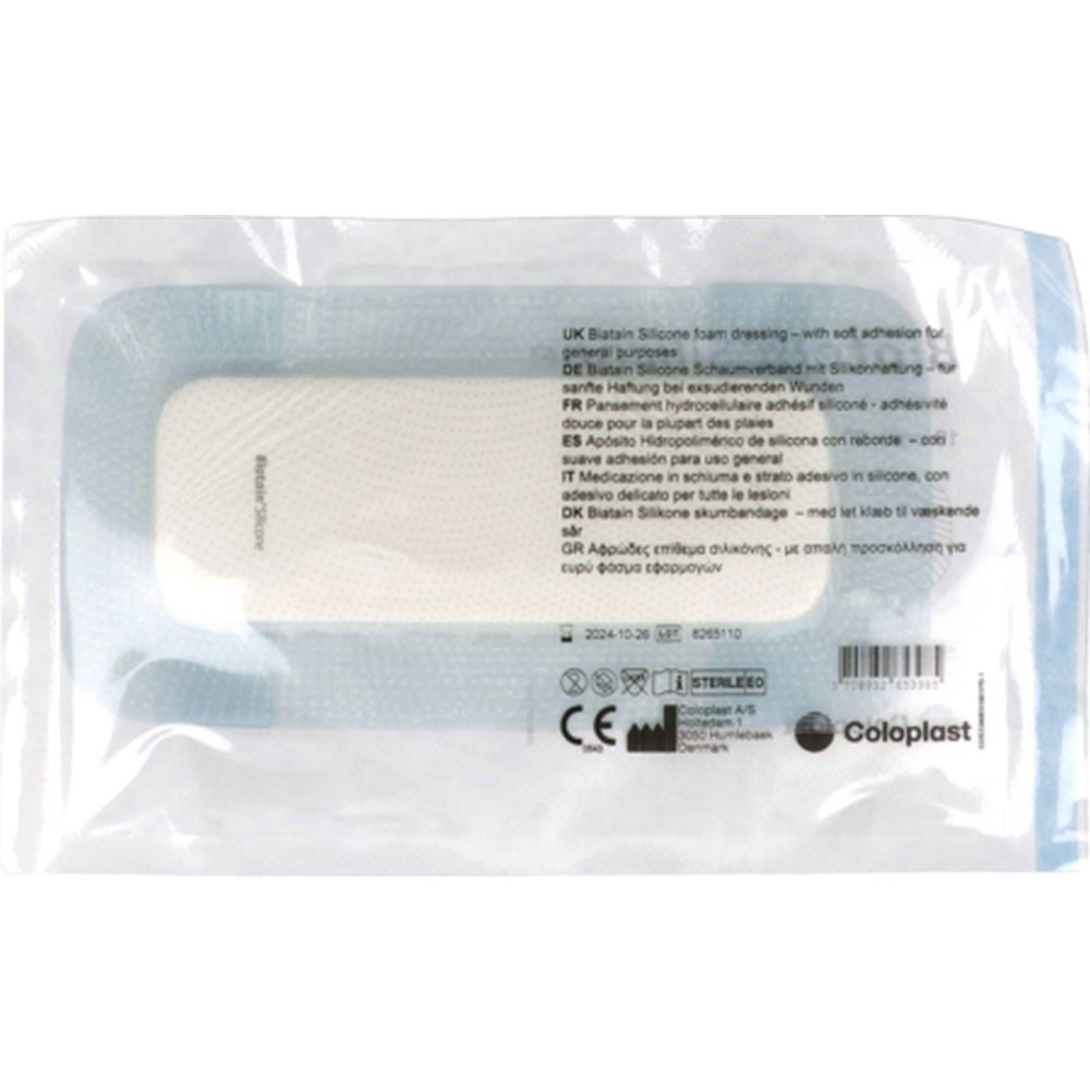 Pansement en sachet. Nom du produit et dimensions visibles. Marquage CE et informations du fabricant.