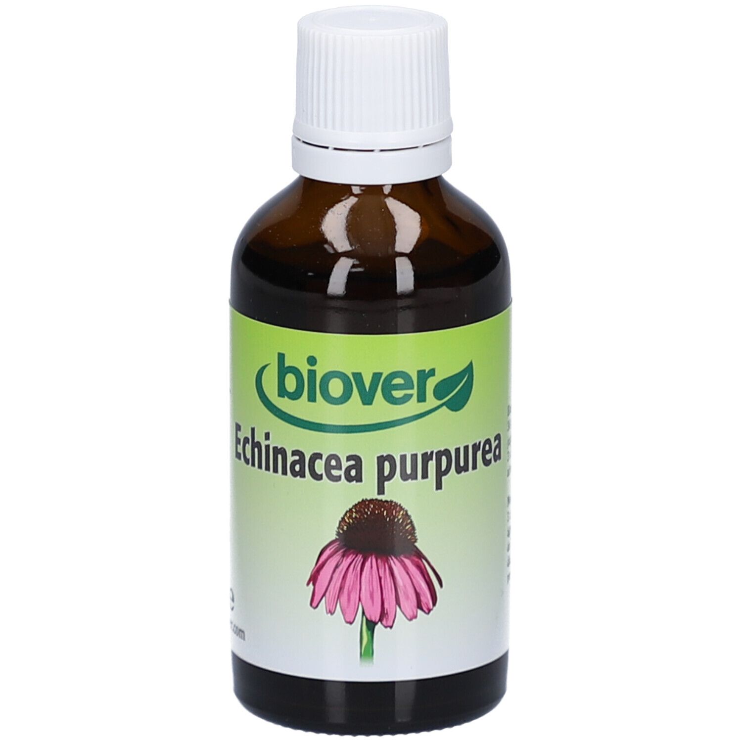 Flacon en verre brun avec bouchon blanc. Étiquette avec logo, nom du produit et image d'une fleur.