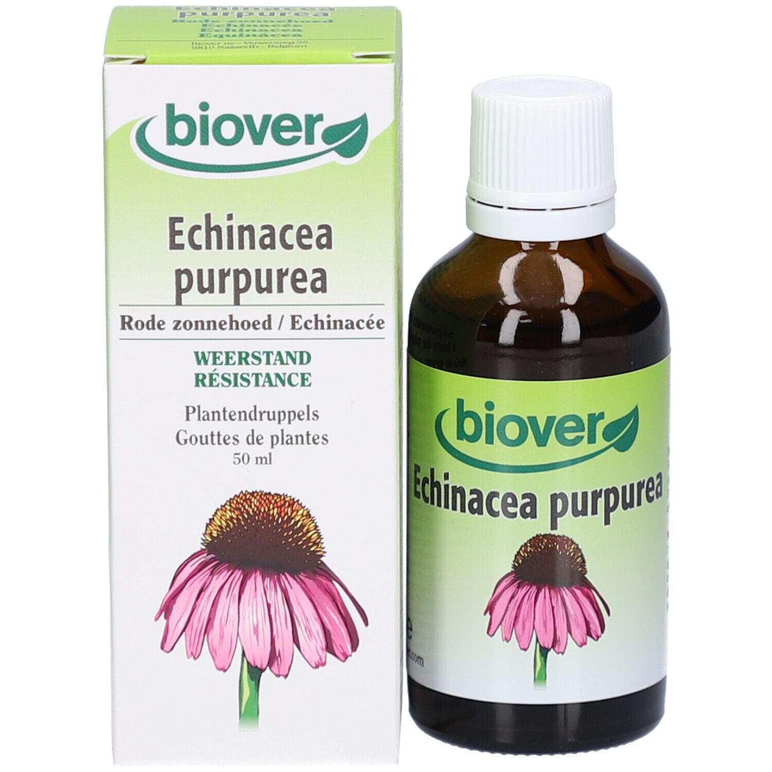 Flacon et emballage du produit. Flacon avec bouchon blanc, emballage avec logo et nom du produit.