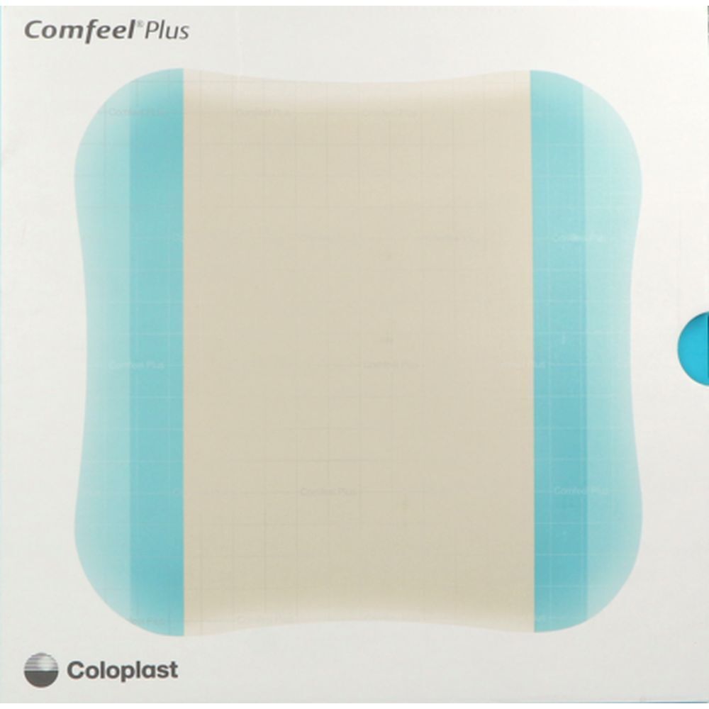 Pansement. Rectangulaire aux coins arrondis, beige clair avec bords bleu clair. Marque: Comfeel Plus. Fabricant: Coloplast.