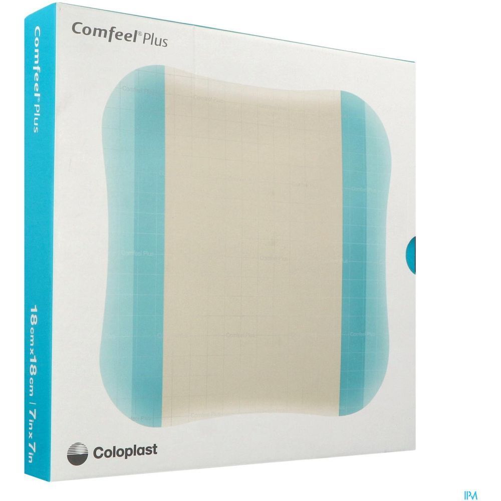 Emballage avec pansement. Rectangulaire, beige clair avec bords bleu clair. Inscription: Comfeel Plus, 18cm x 18cm, Coloplast.