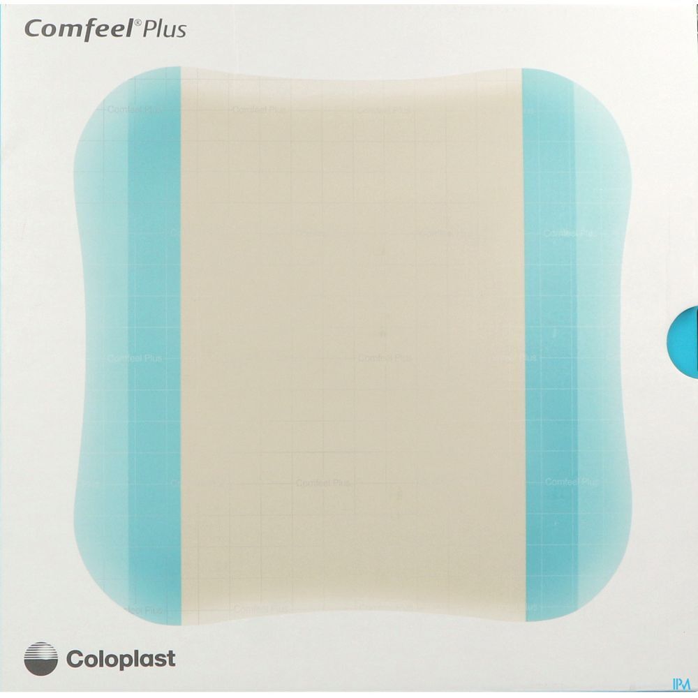 Pansement. Rectangulaire aux coins arrondis, beige clair avec bords bleu clair. Marque: Comfeel Plus. Fabricant: Coloplast.