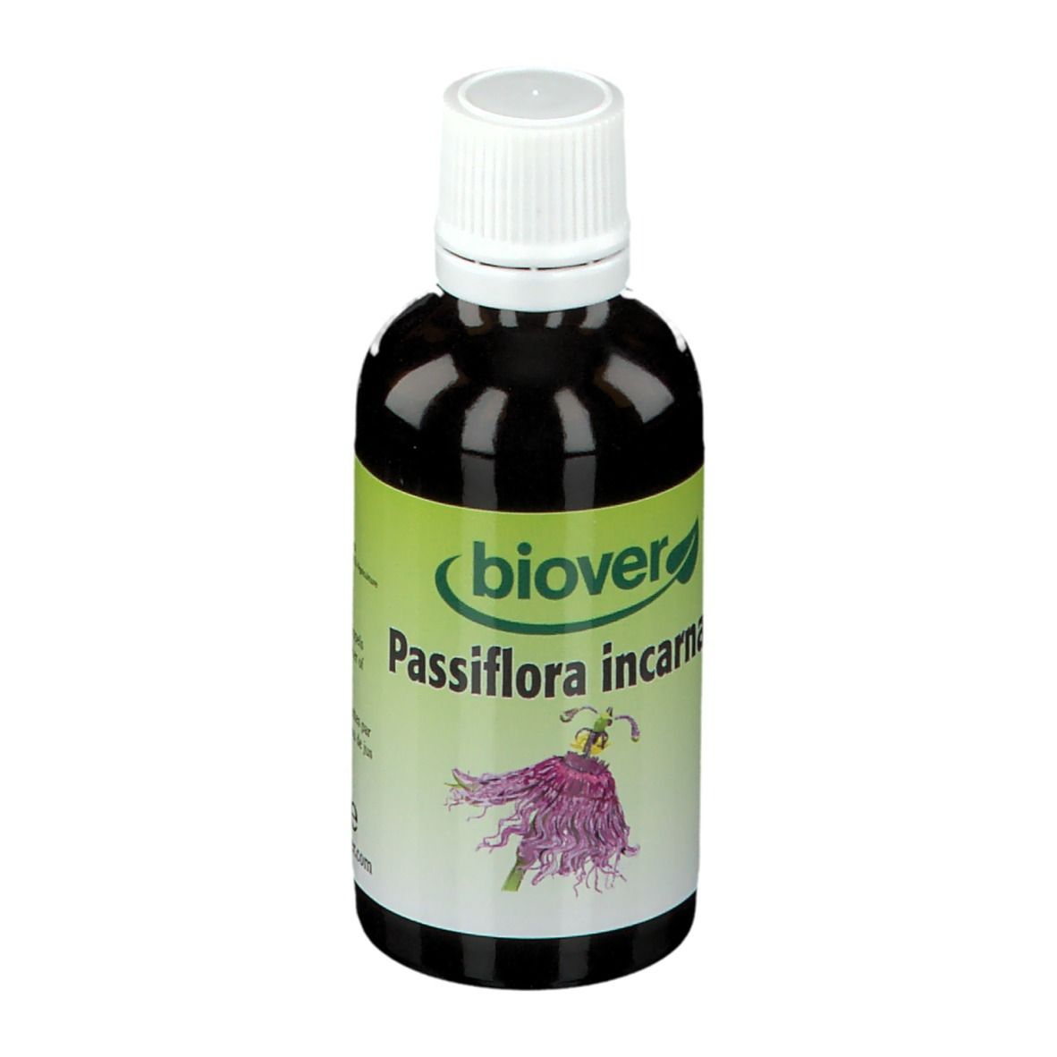 Flacon en verre brun avec bouchon blanc. Étiquette avec nom du produit et fleur violette. Marque : Biover.
