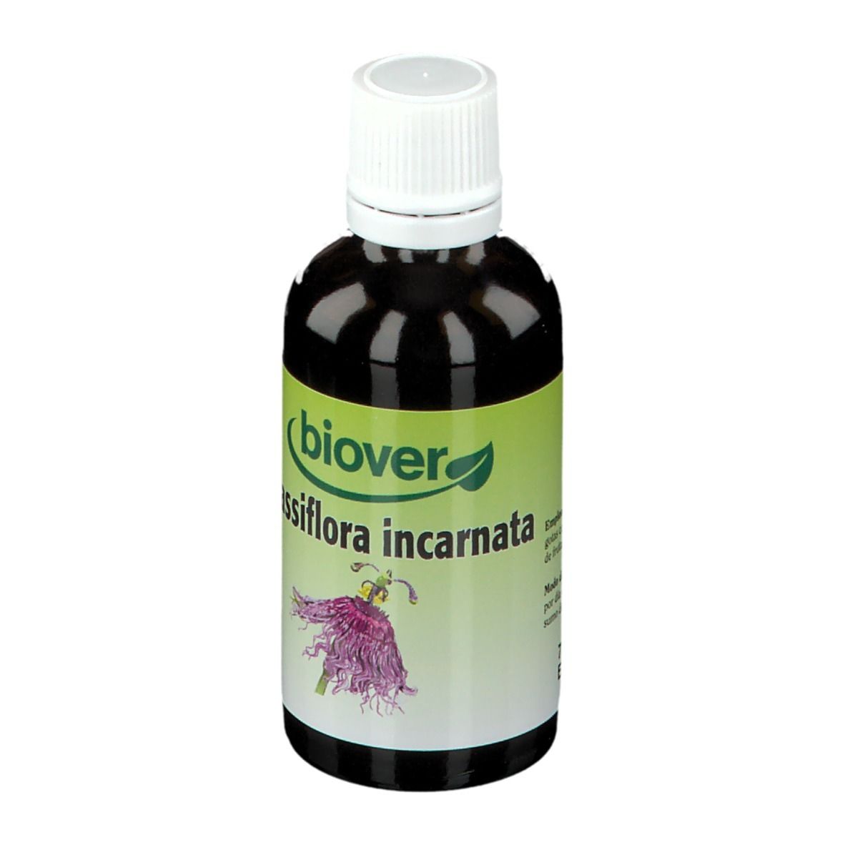 Flacon en verre brun avec bouchon blanc. Étiquette avec nom du produit et fleur violette. Marque : Biover.