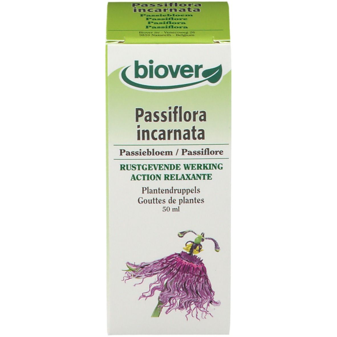 Emballage du produit. Boîte verte et blanche avec nom du produit et logo. Texte : 'RUSTGEVENDE WERKING'.