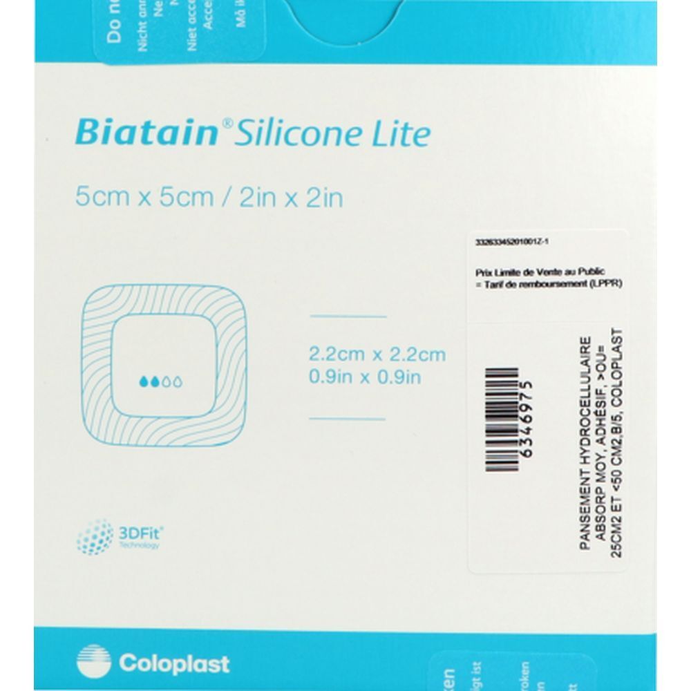 Emballage de pansement carré. Inscription: Biatain Silicone Lite, 5x5cm. Contient des informations et un code-barres.