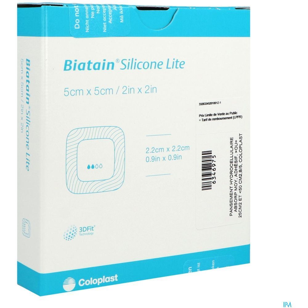Emballage de Biatain Silicone Lite, 5x5cm. Boîte bleue et blanche avec informations produit et logo.