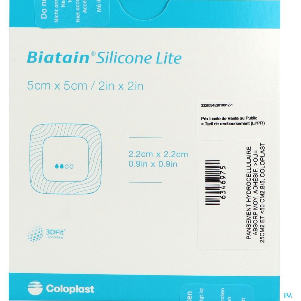Emballage de pansement carré. Inscription: Biatain Silicone Lite, 5x5cm. Contient des informations et un code-barres.