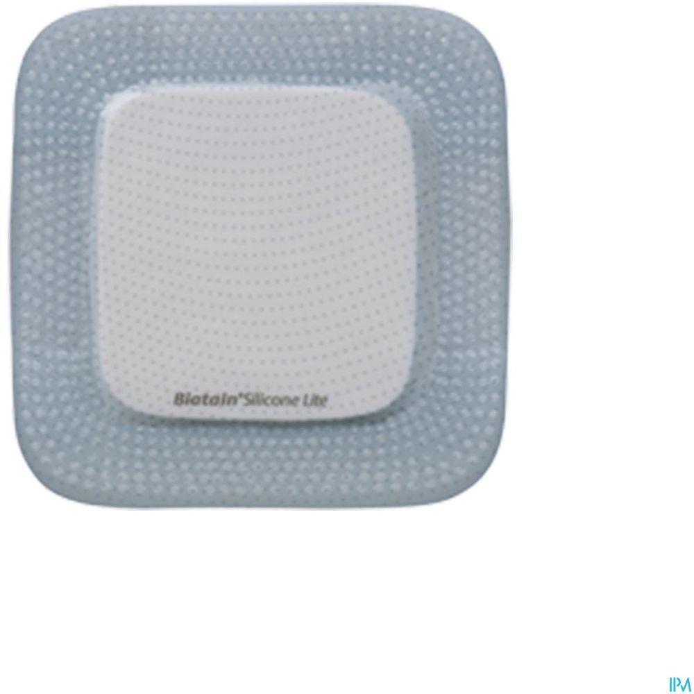 Pansement carré aux coins arrondis. Inscription: Biatain Silicone Lite. Centre clair, bord bleu.