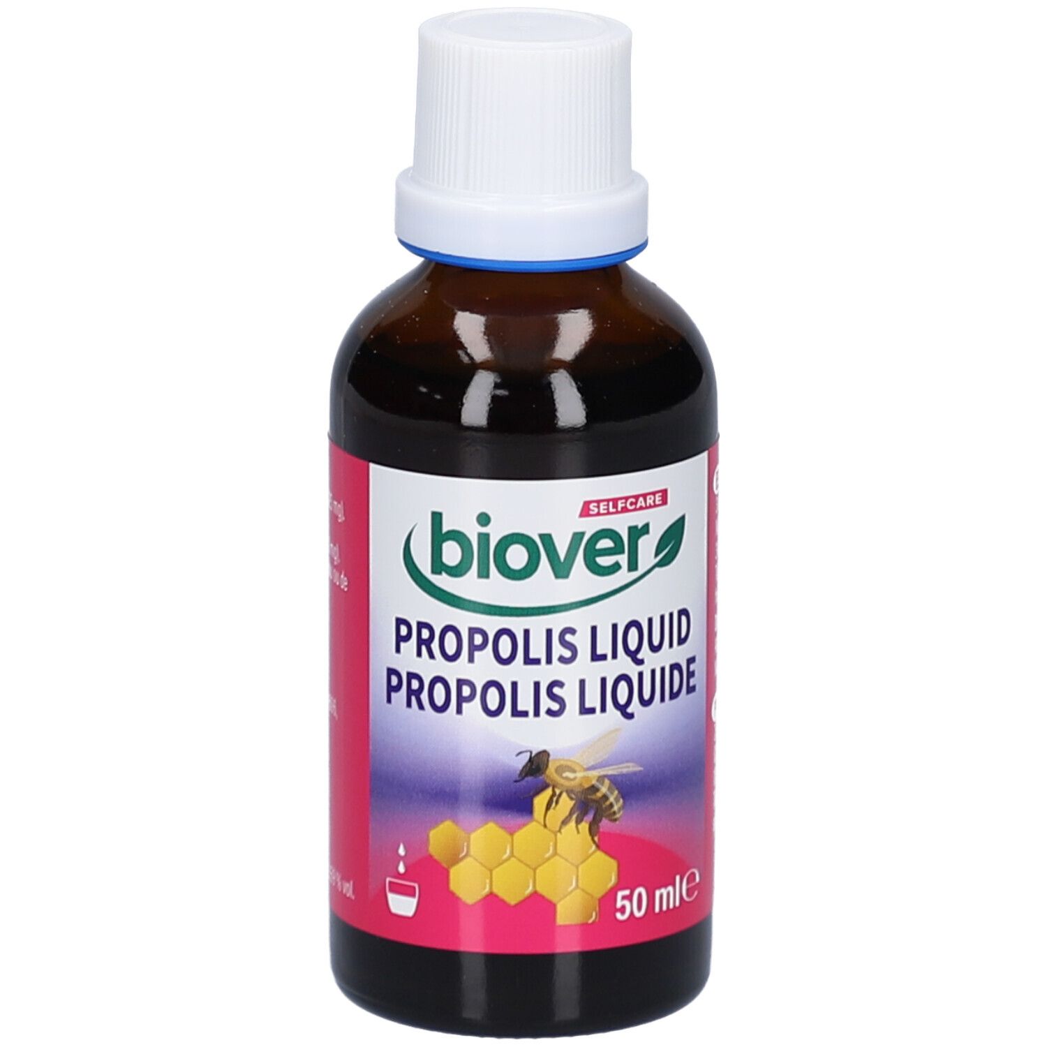 Flacon en verre brun avec bouchon blanc. Étiquette avec nom du produit, abeille et nid d'abeille. Inscription : Propolis Liquid.