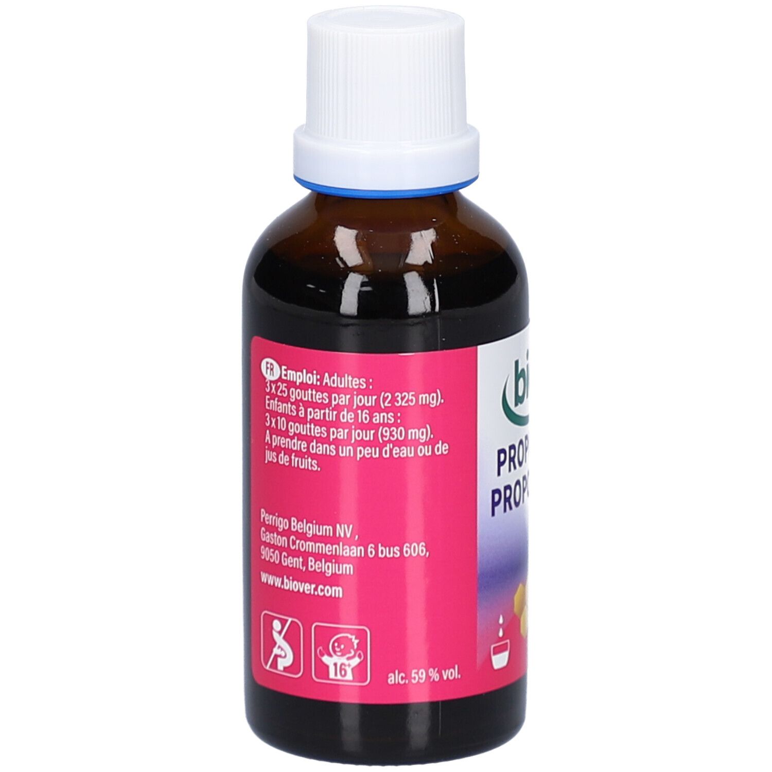 Flacon en verre brun avec bouchon blanc. Dos avec texte en plusieurs langues. Contient des informations sur l'utilisation.