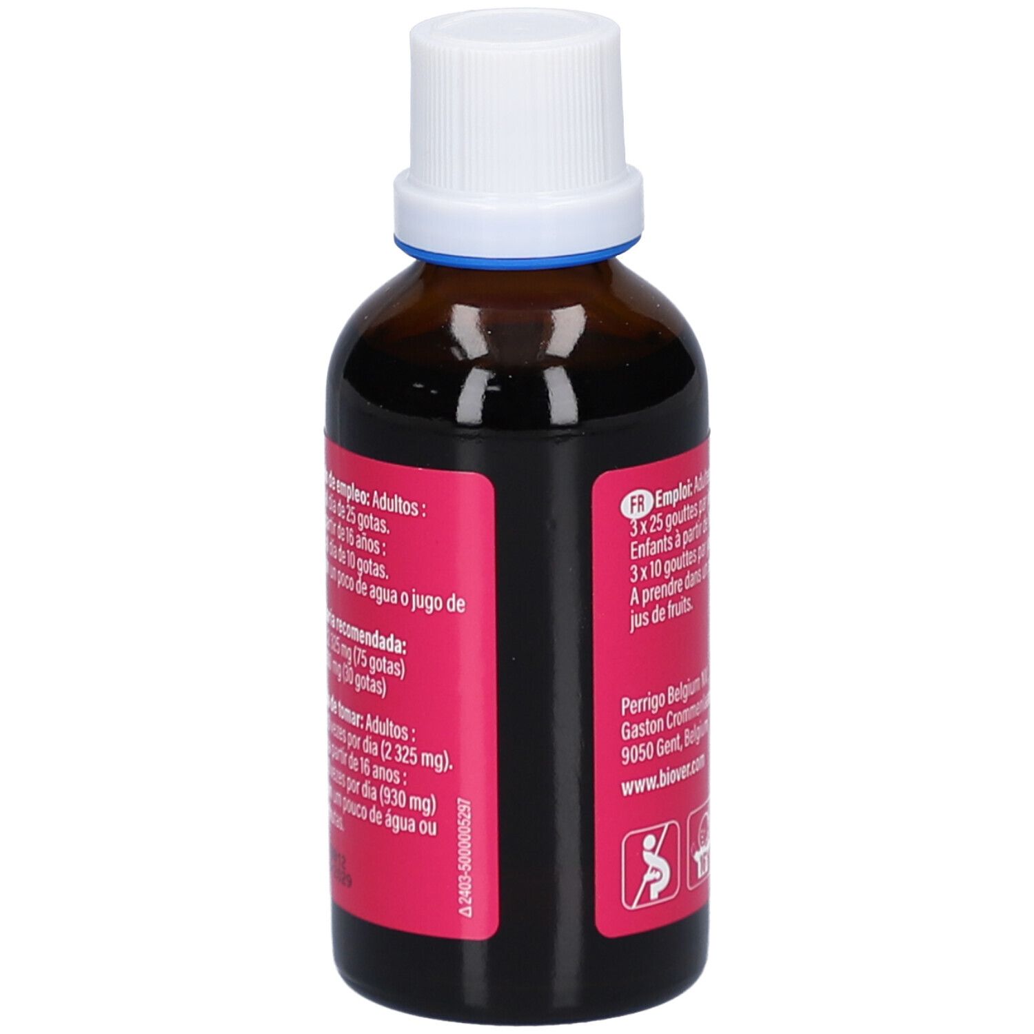 Flacon en verre brun avec bouchon blanc. Dos avec texte en plusieurs langues. Contient des informations sur l'utilisation.