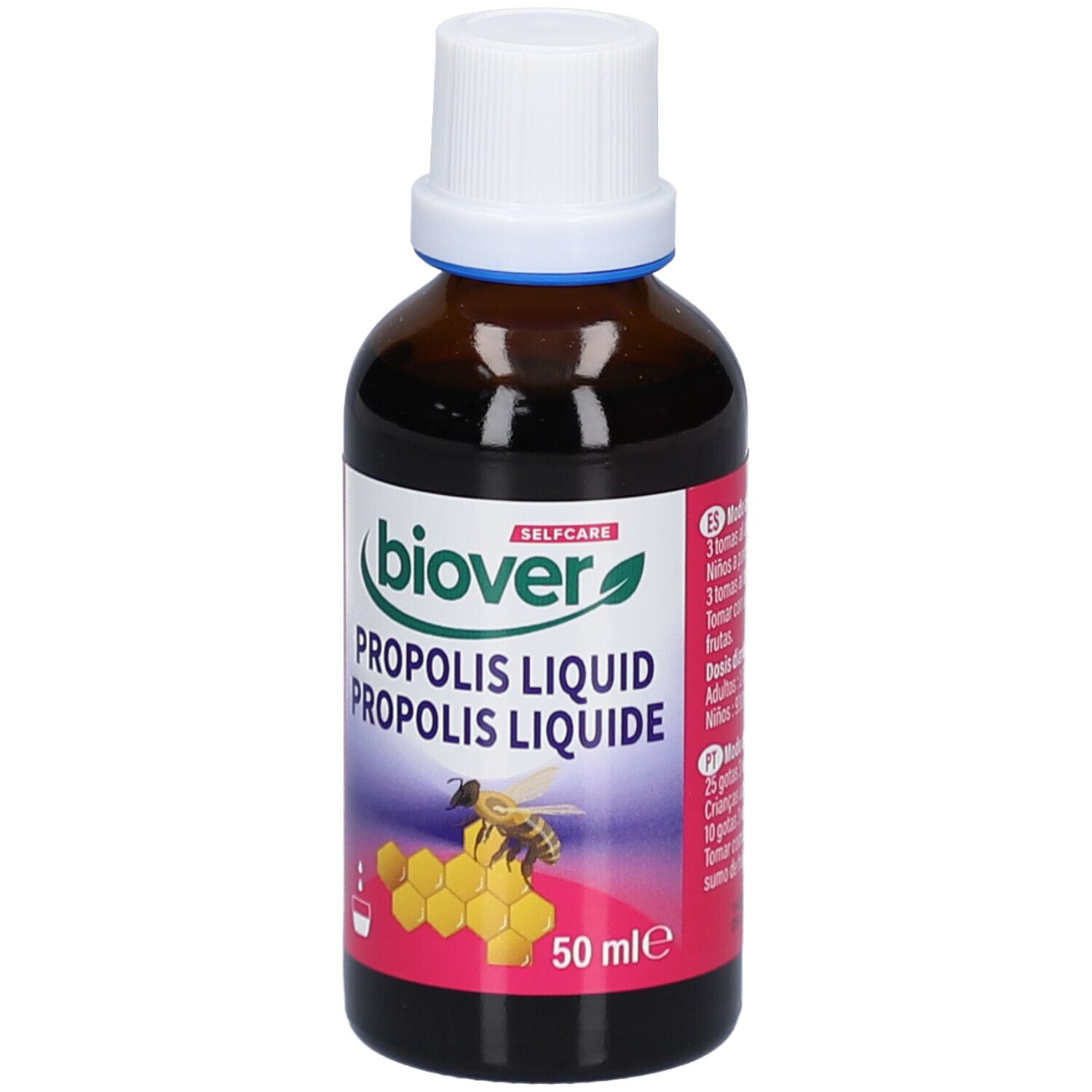 Flacon en verre brun avec bouchon blanc. Étiquette avec nom du produit, abeille et nid d'abeille. Inscription : Propolis Liquid.