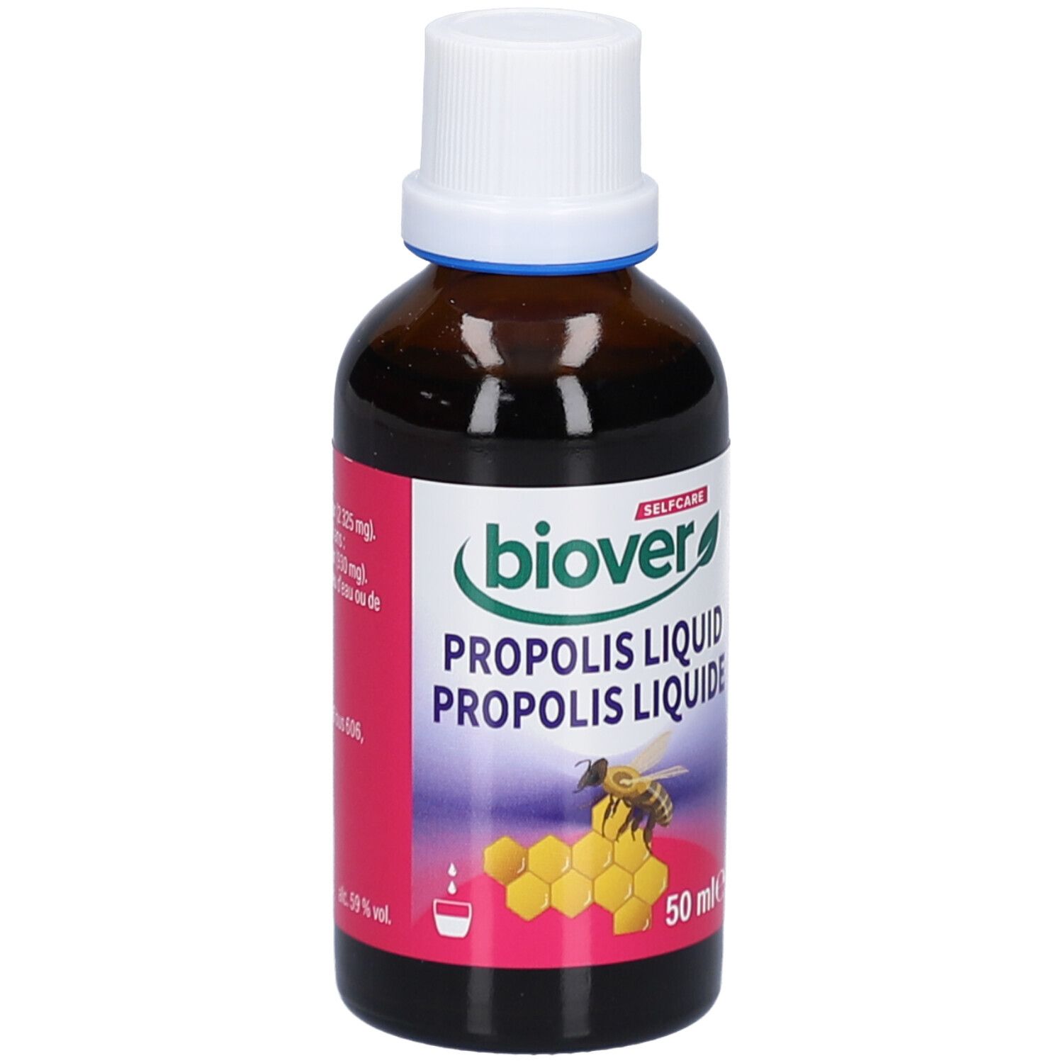 Flacon en verre brun avec bouchon blanc. Étiquette avec nom du produit, abeille et nid d'abeille. Inscription : Propolis Liquid.