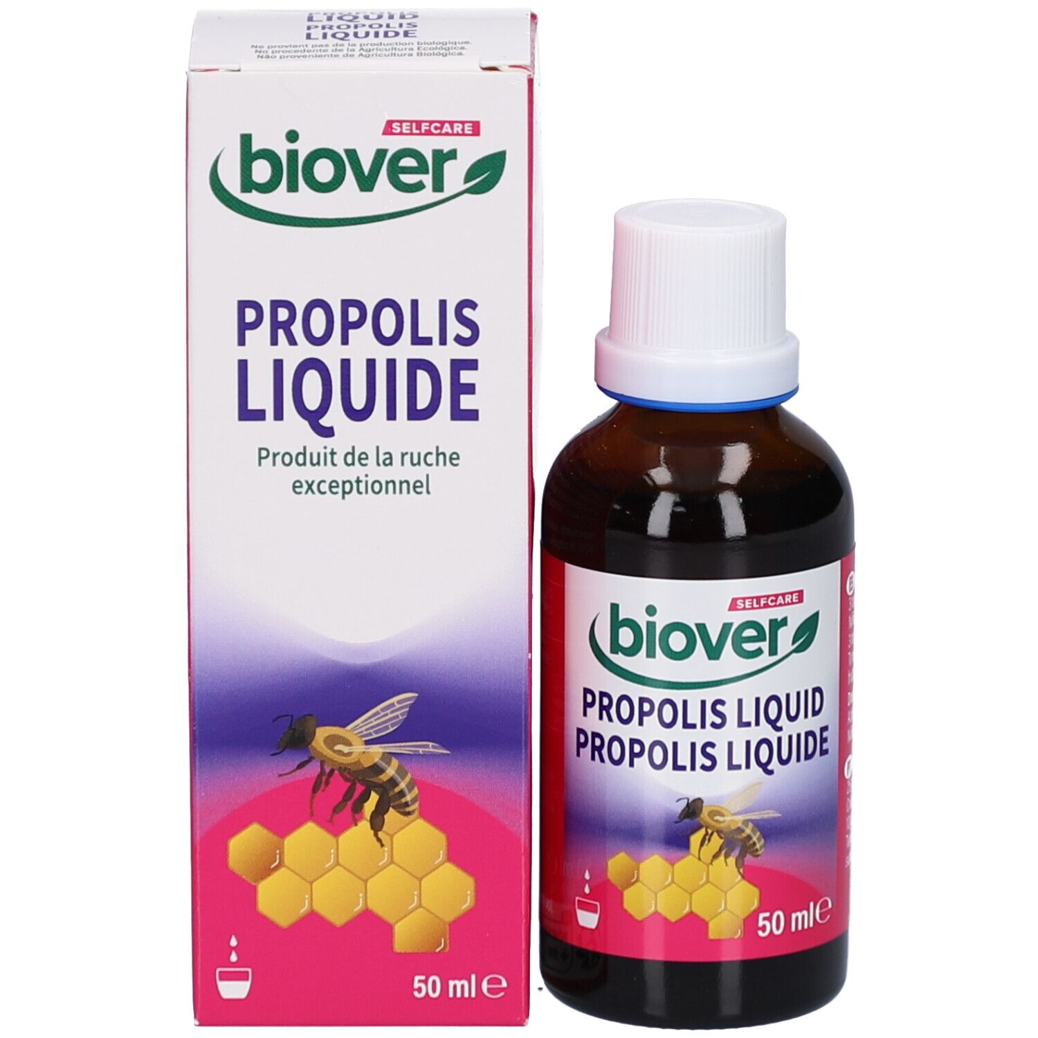 Flacon et boîte. Flacon : verre brun, bouchon blanc. Boîte : blanche, nom du produit, abeille, nid d'abeille.