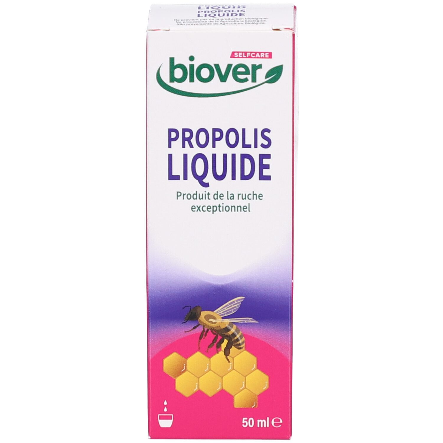 Boîte blanche avec nom du produit, abeille et nid d'abeille. Inscription : Propolis Liquid. Produit de la ruche exceptionnelle.