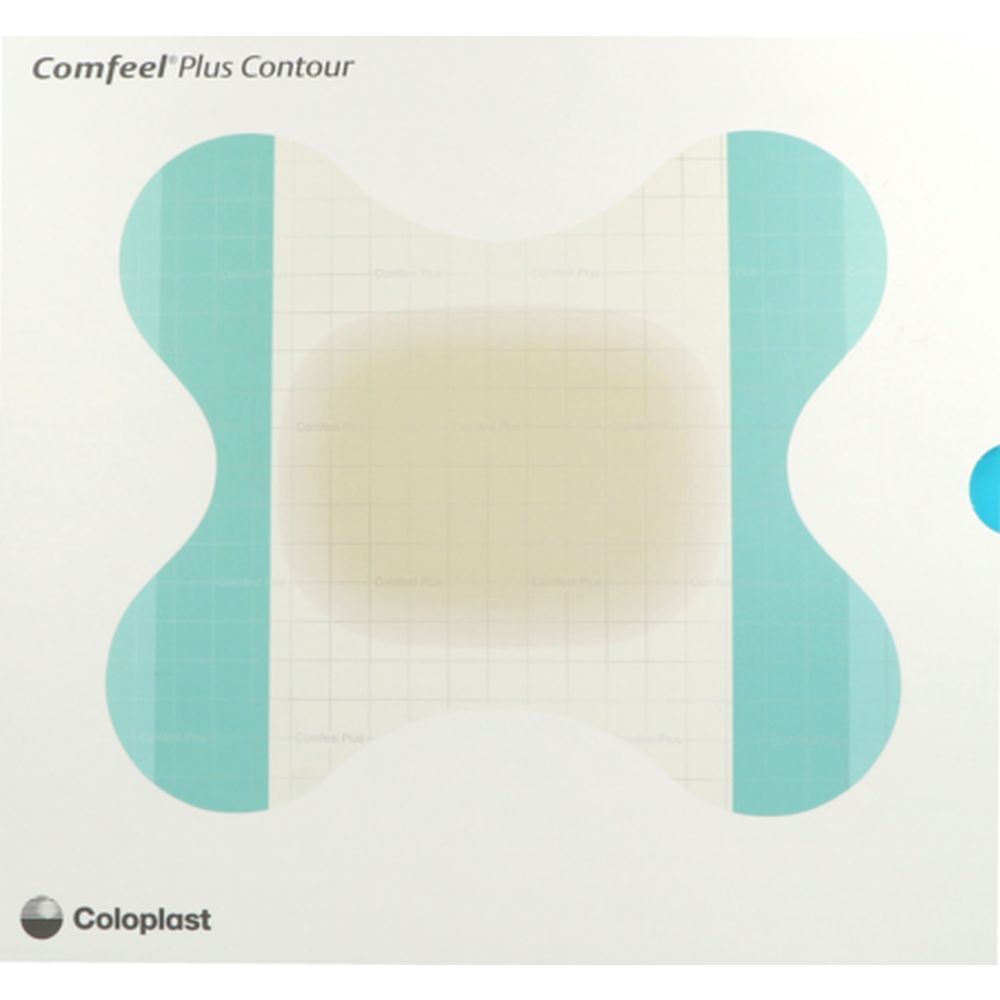 Pansement Contour. Bords vert clair, forme carrée aux coins arrondis. Marque: Coloplast. Nom du produit: Comfeel Plus Contour.